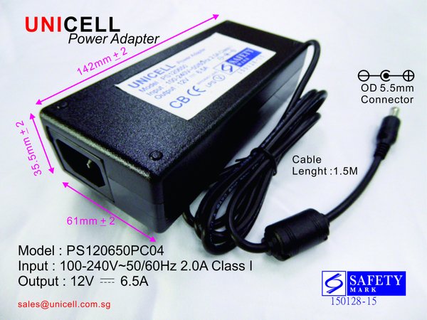 12V 6.5A adapter with Singapore safety mark