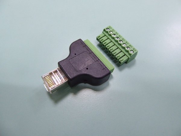 Green ethernet RJ45 male plug to screw terminal block
