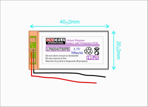 3.7V 700mAh 802040 Lithium polymer battery