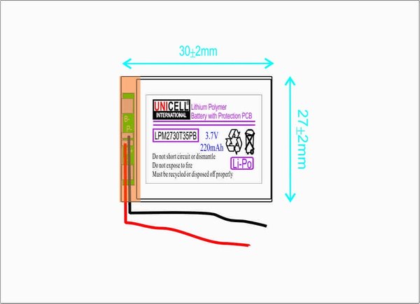 3.7V 220mAh 352730 Lithium polymer battery