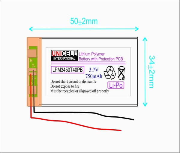 3.7V 750mAh 403450 Lithium polymer battery