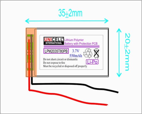 3.7V 550mAh 802035 Lithium polymer battery